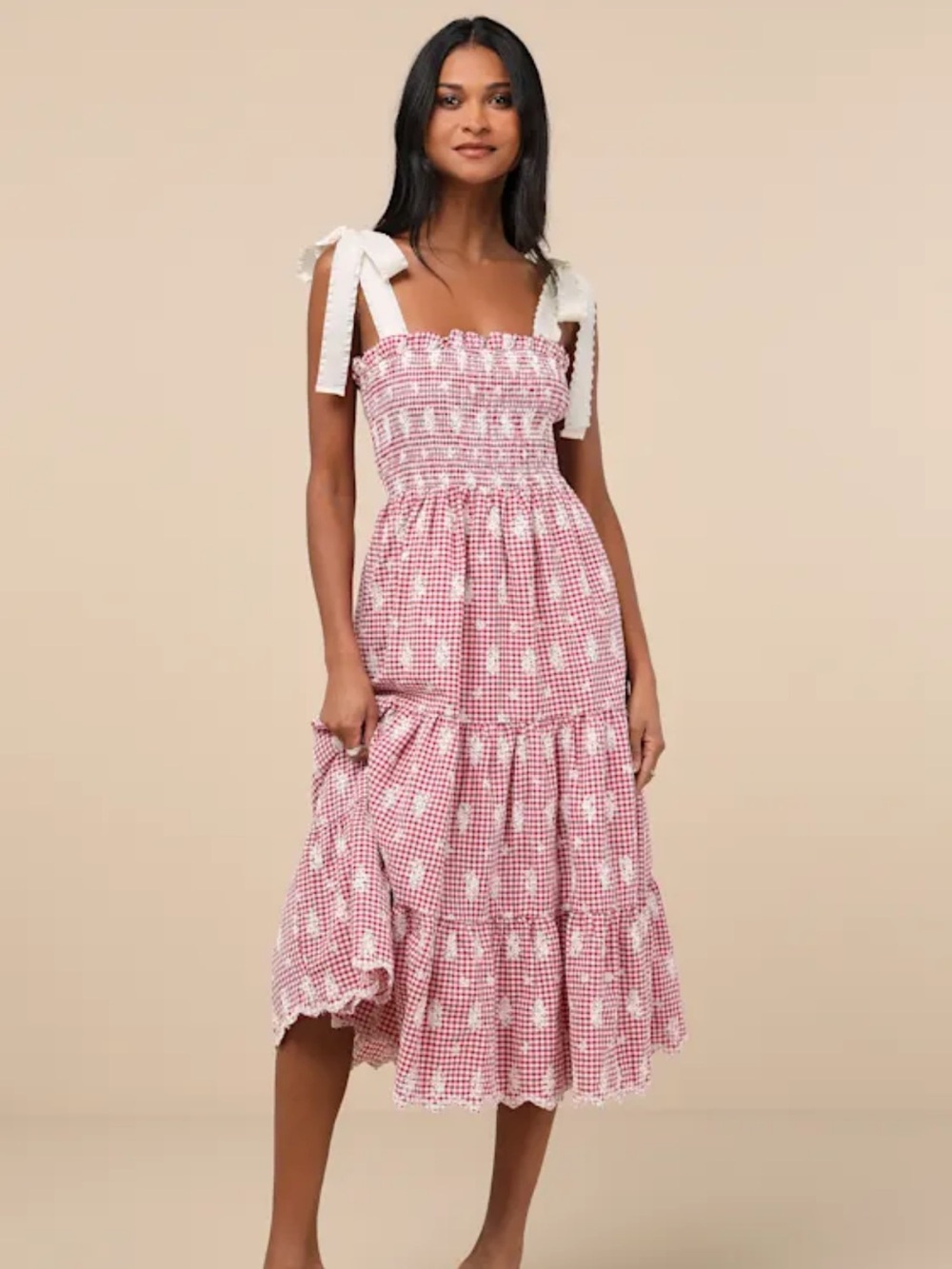 Smocked Gingham Midi Dress with Tie Shoulders - red/White